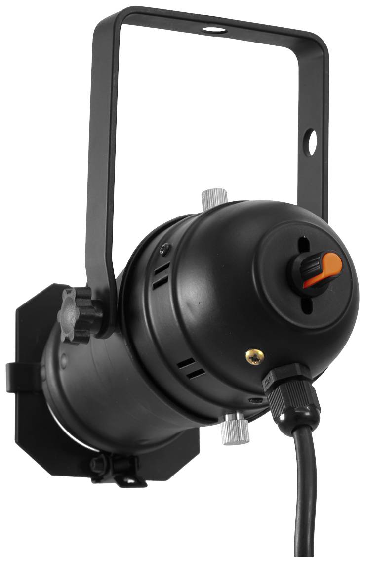 A black stage spotlight with adjustable mounting and power cable. Suitable for events and stage effects.