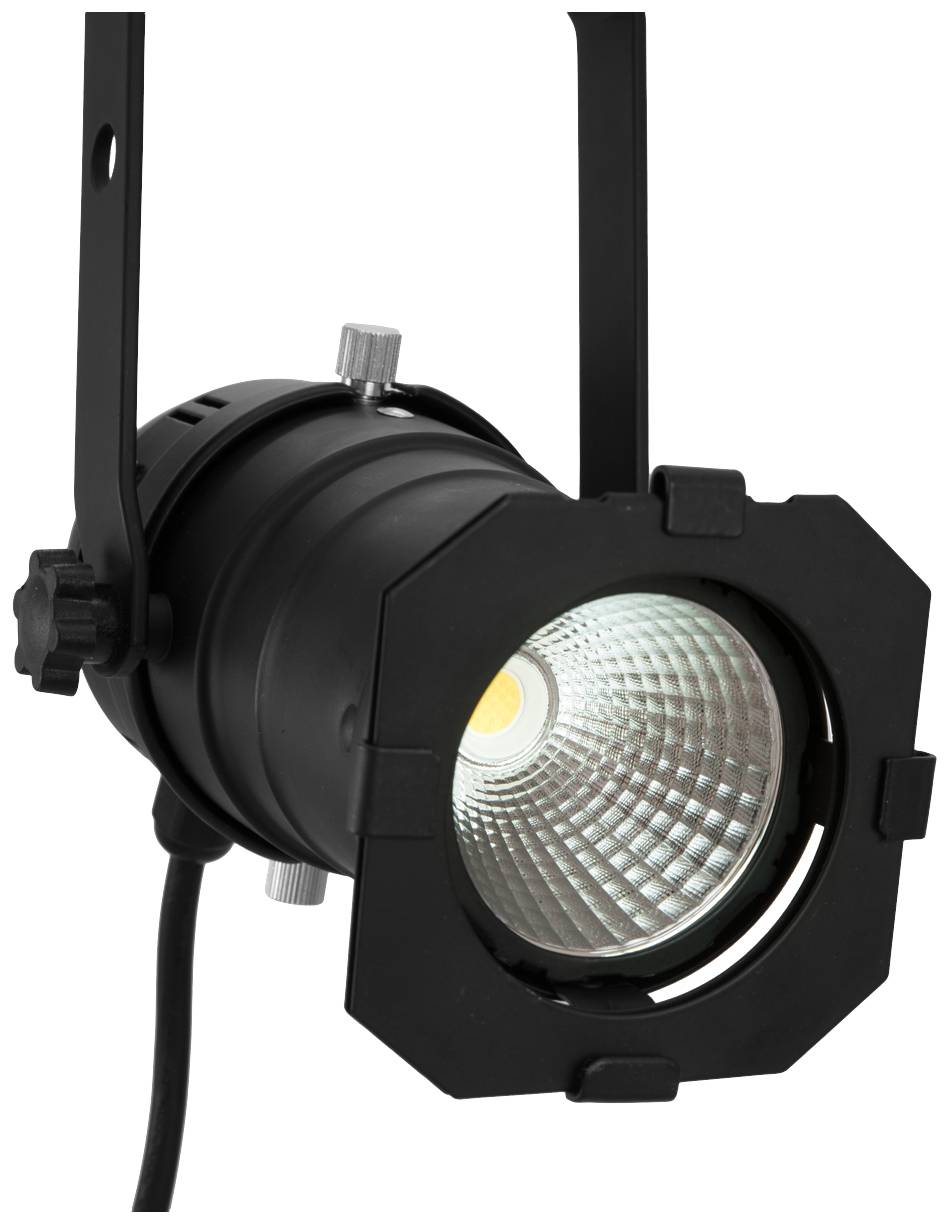 A black stage spotlight facing forward, with visible lens and mounting brackets, suitable for lighting installations.