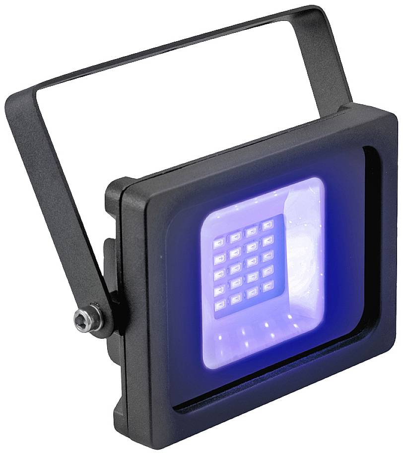 Black LED spotlight with blue illumination, mounted on an adjustable bracket, suitable for stage or outdoor lighting.