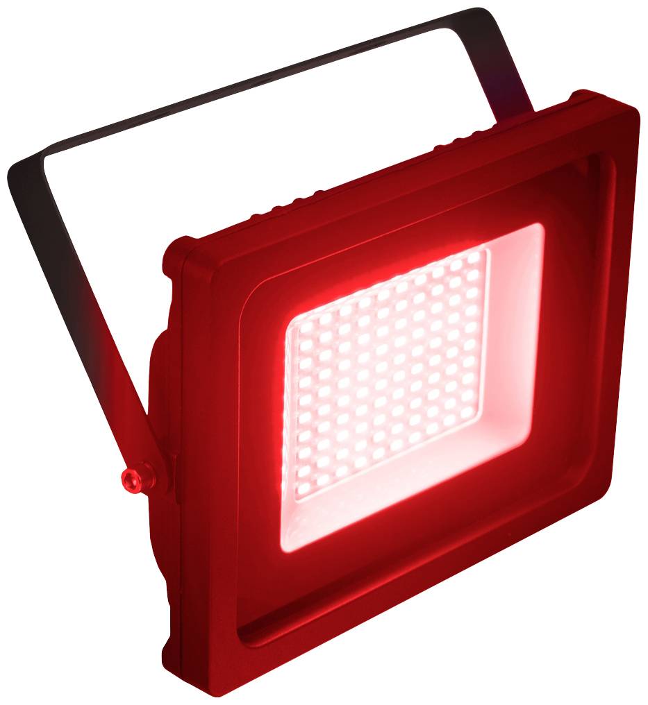 Red LED floodlight with square housing and mounting bracket, shines brightly.
