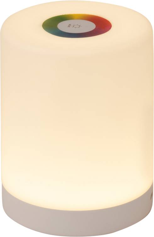 A cylindrical lamp with soft, warm light. A colour wheel on top for adjusting the light colour. Minimalist design.