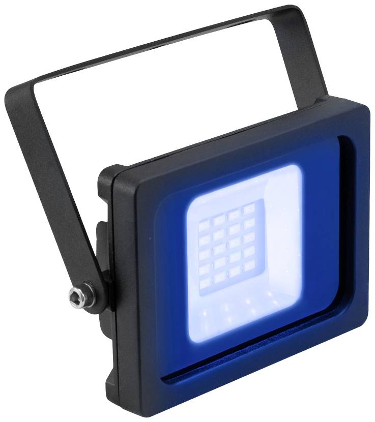 A square LED spotlight with blue light. Black frame, focused light centre. Suitable for stage or event lighting.