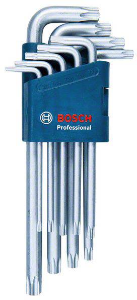 Set of nine silver Torx keys in different sizes, housed in a navy blue holder with the 'Bosch Professional' logo.
