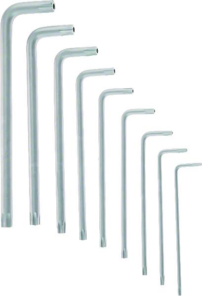 Nine L-shaped metal bars in different sizes, arranged in ascending order from left to right.