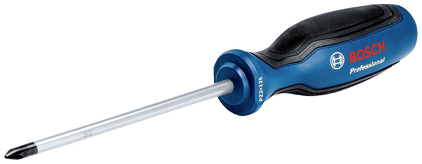 Bosch Professional screwdriver, Phillips head, blue handle with black rubber grip, metal tip. Suitable for precision work.
