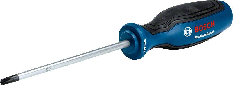 Screwdriver with a black handle and blue trim, brand name 'Bosch Professional', metal shaft with a Torx head at the end.