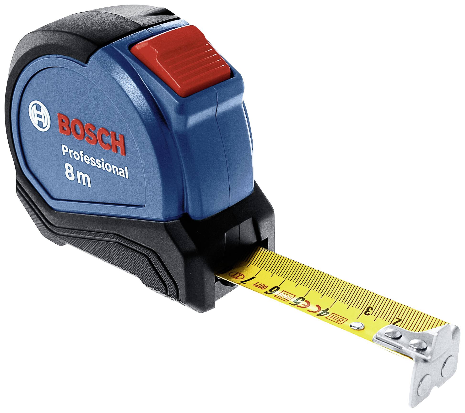 A blue measuring tape with the inscription 'BOSCH Professional 8m', stretched out on a table, shows centimetre and inch markings.