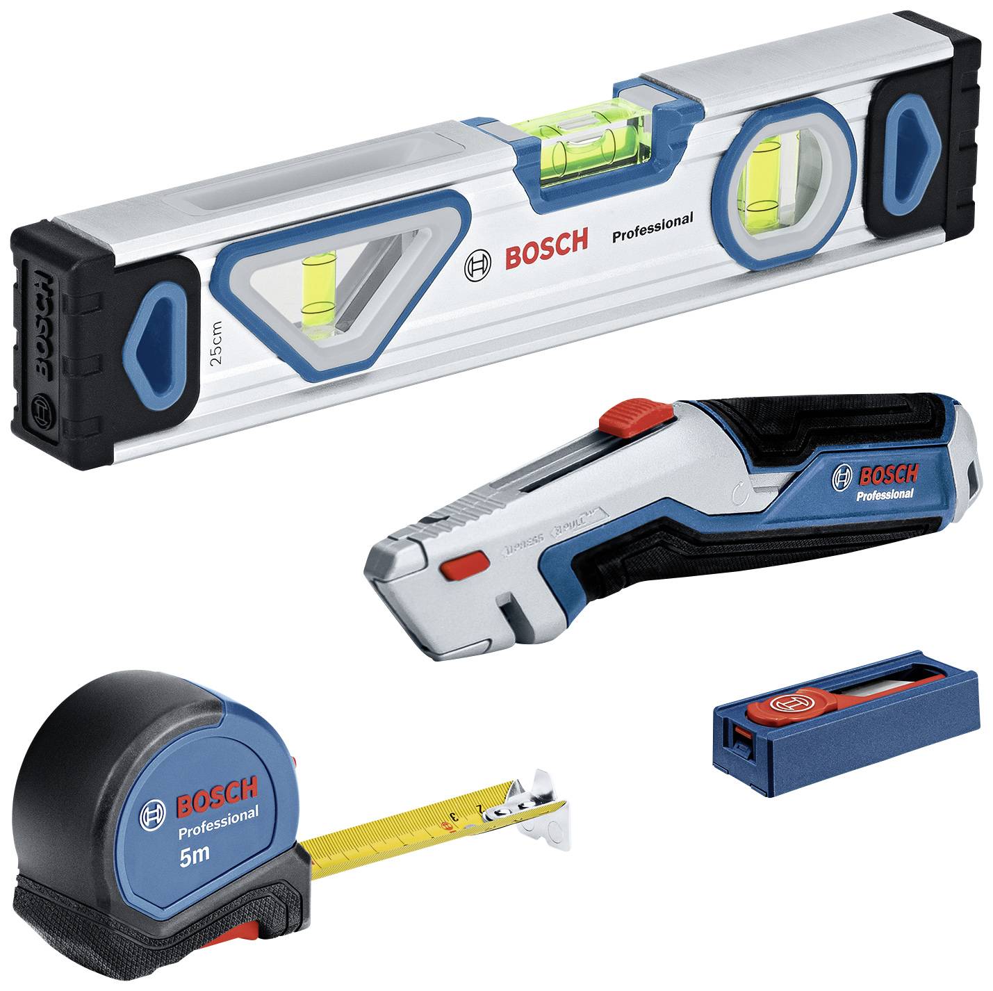 Set mit Bosch-Werkzeugen: Wasserwaage, Cutter, Maßband und Mini-Wasserwaage. Ideal für präzises Handwerken und Messen.