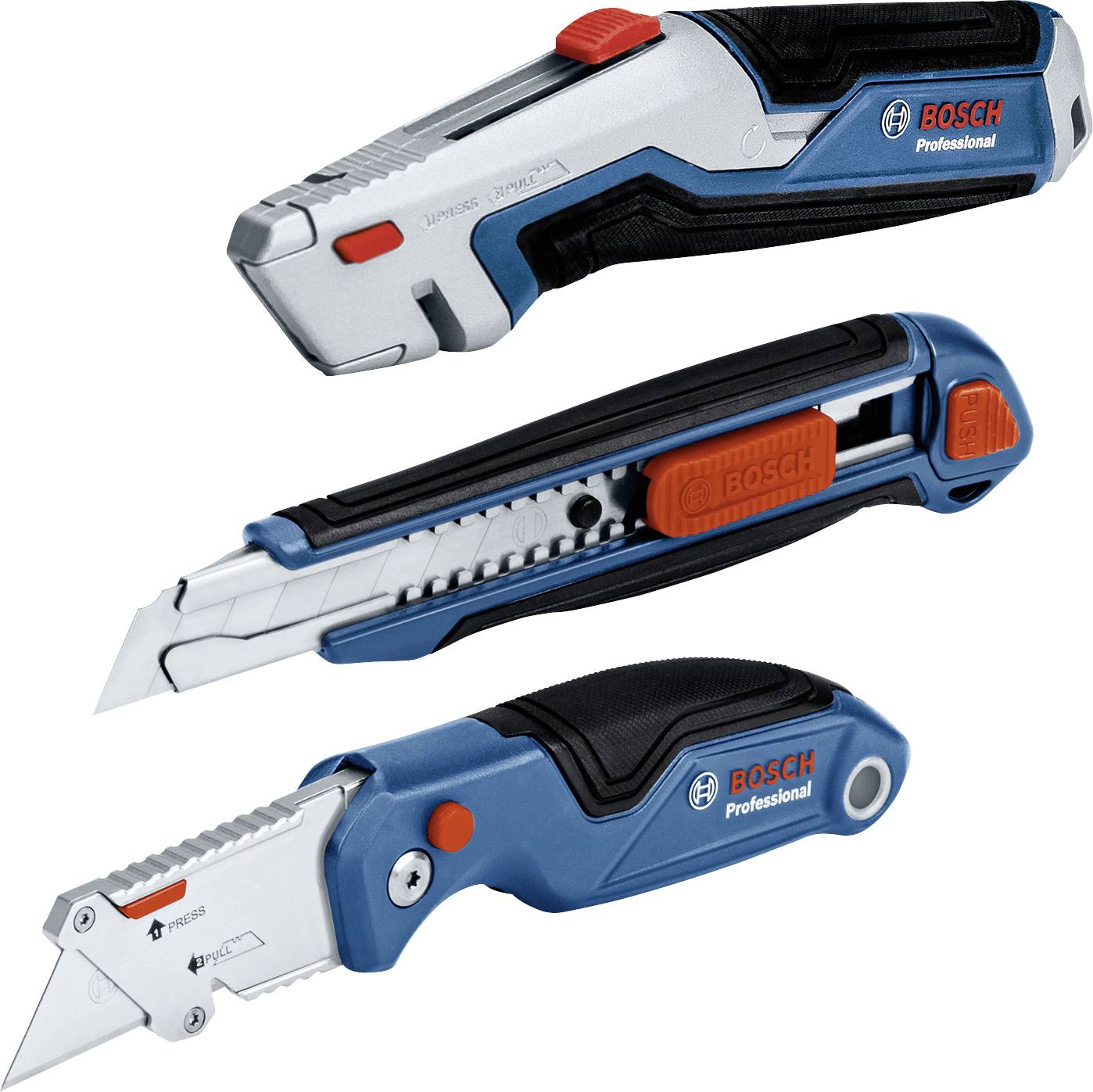 Three different models of utility knives from the Bosch Professional brand, designed for precise cutting in craft applications.