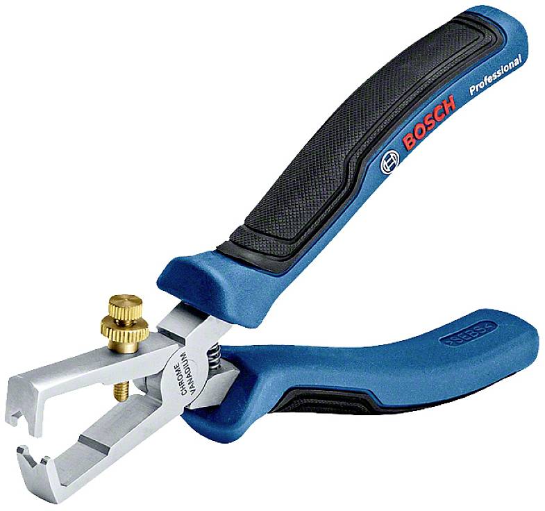 Bosch wire strippers in blue and black, with an adjustable screw, for precise cable and wire stripping.