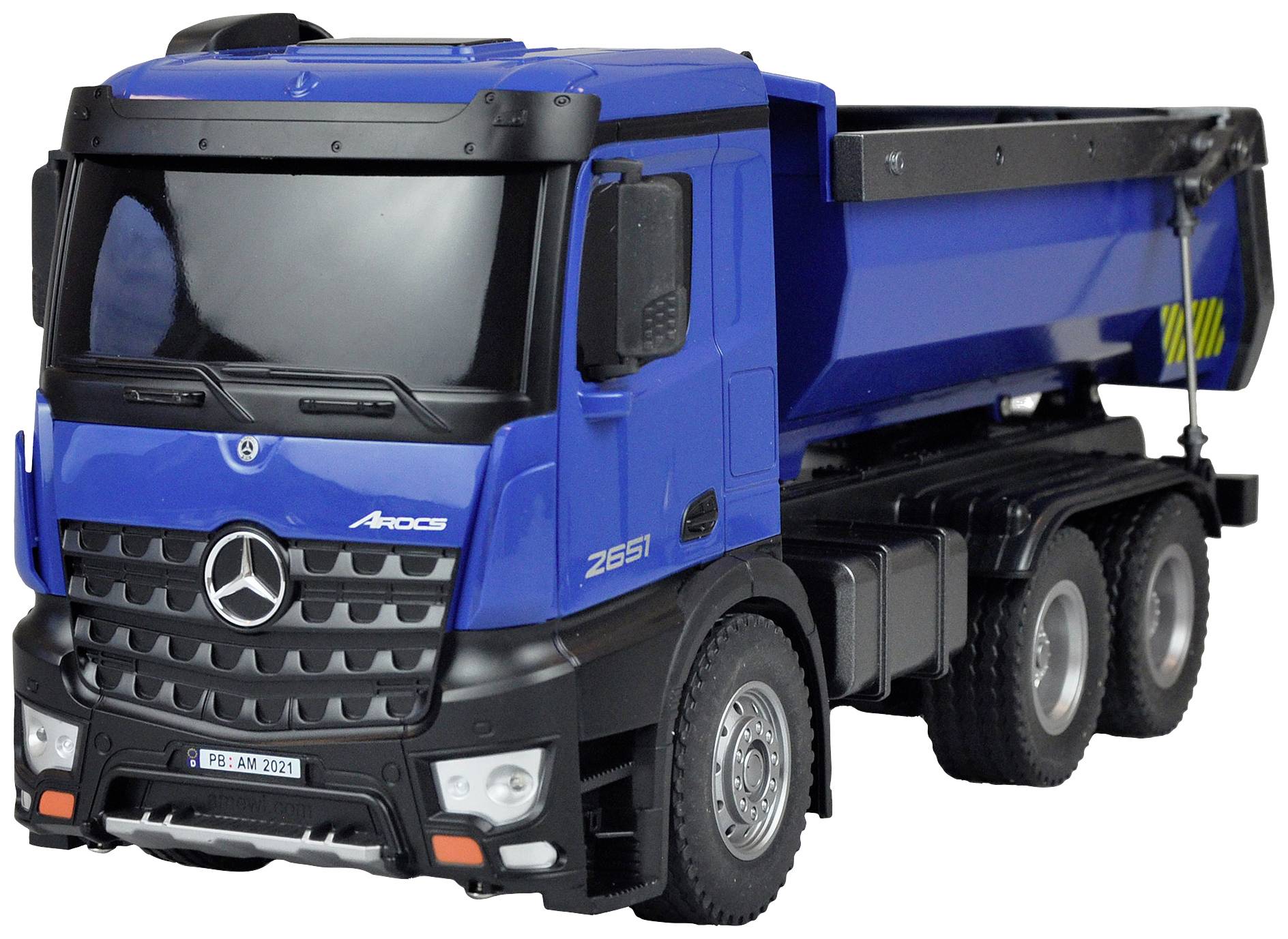 Blue toy lorry with Mercedes logo, 'Arocs' model. Side view, showing six wheels and cargo bed.