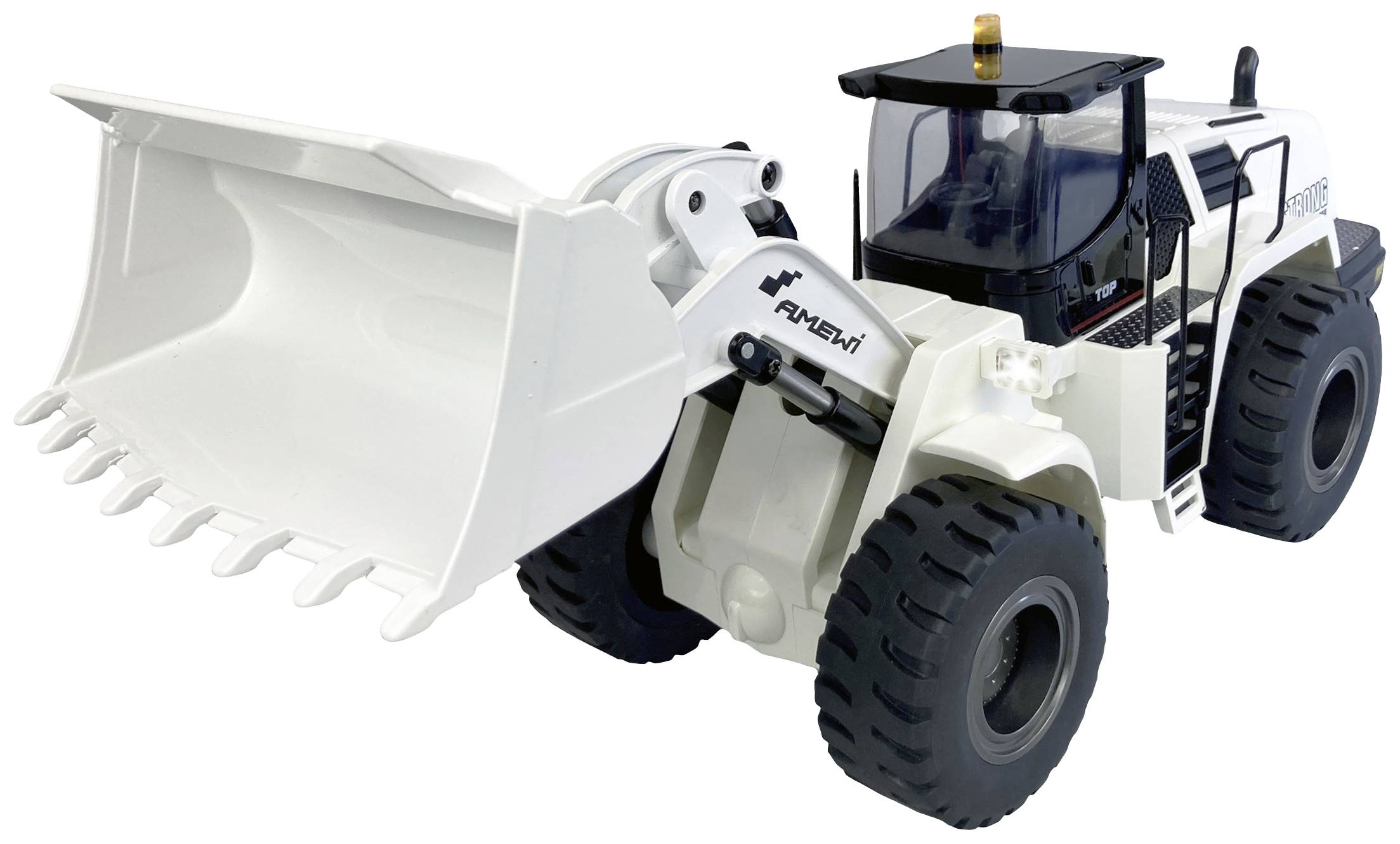 A white toy digger with a detailed cab, large bucket, and robust wheels, by the Revell brand.