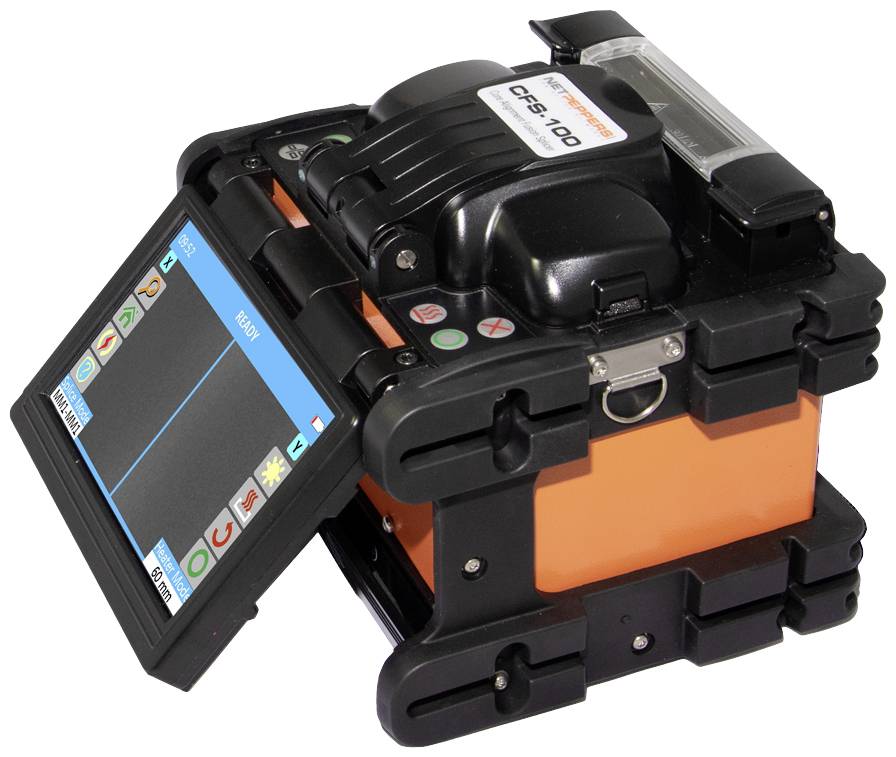 An orange fusion splicing machine with a fold-out screen, used for connecting optical fibre cables.