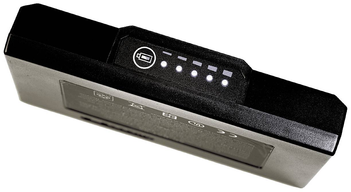 Black laptop battery with five illuminated LEDs indicating the charge status. Battery symbol beside it.Note: The translation is already in British English, as it does not require significant changes from the original text.
