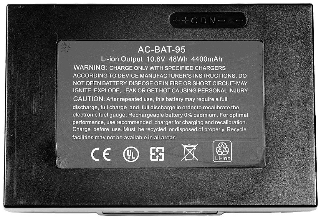 Black Lithium-Ion Battery AC-BAT-95, 48Wh, 4400mAh. Warning against improper use such as fire or short circuit.