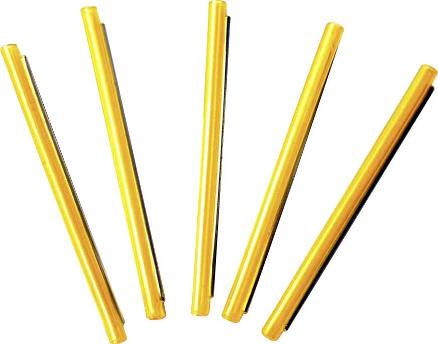Five yellow plastic drinking straws arranged fan-like on a white background.
