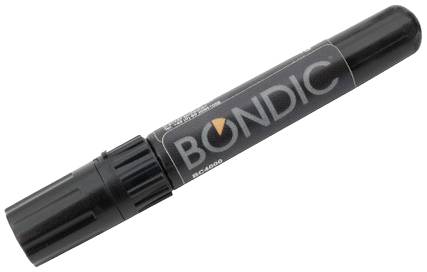 Black Bondic pen for gluing and repairing; with black cap and orange logo on the casing.