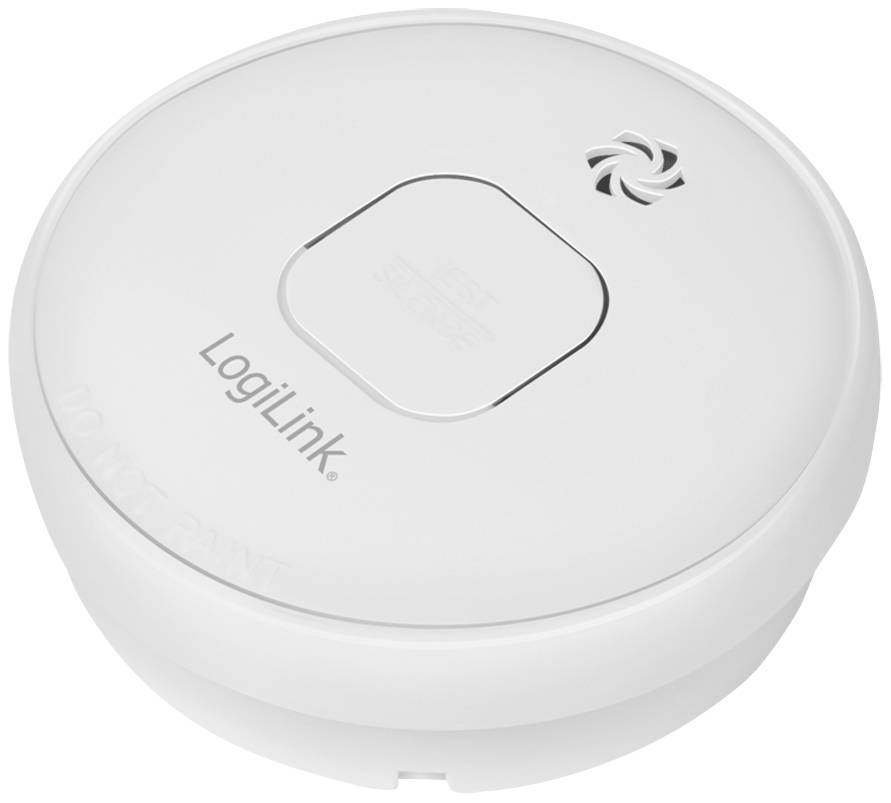 White, round smoke detector by LogiLink with a central test button and ventilation slots; suitable for fire protection monitoring.
