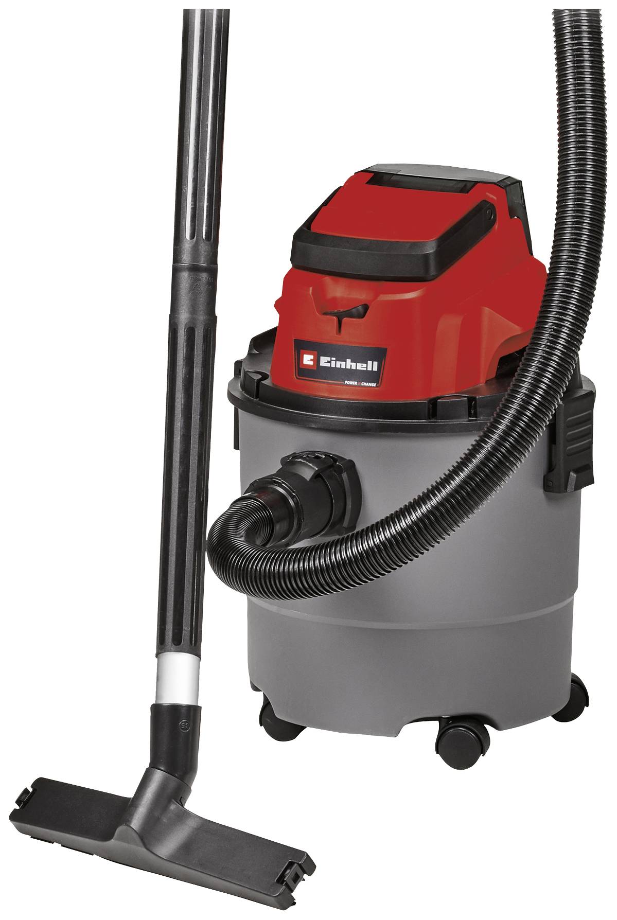 A red and grey wet and dry vacuum cleaner with a black suction pipe and hose, manufactured by Einhell, stands on wheels.