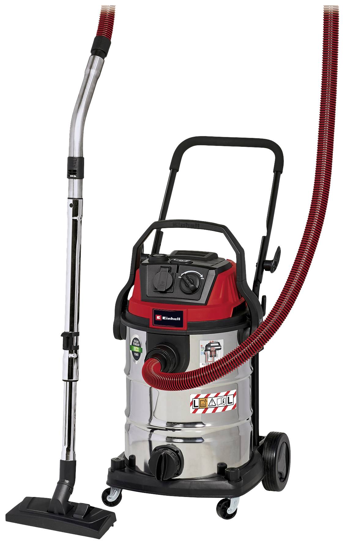 Industrial vacuum cleaner with a red hose and stainless steel body, suitable for heavy-duty cleaning tasks.