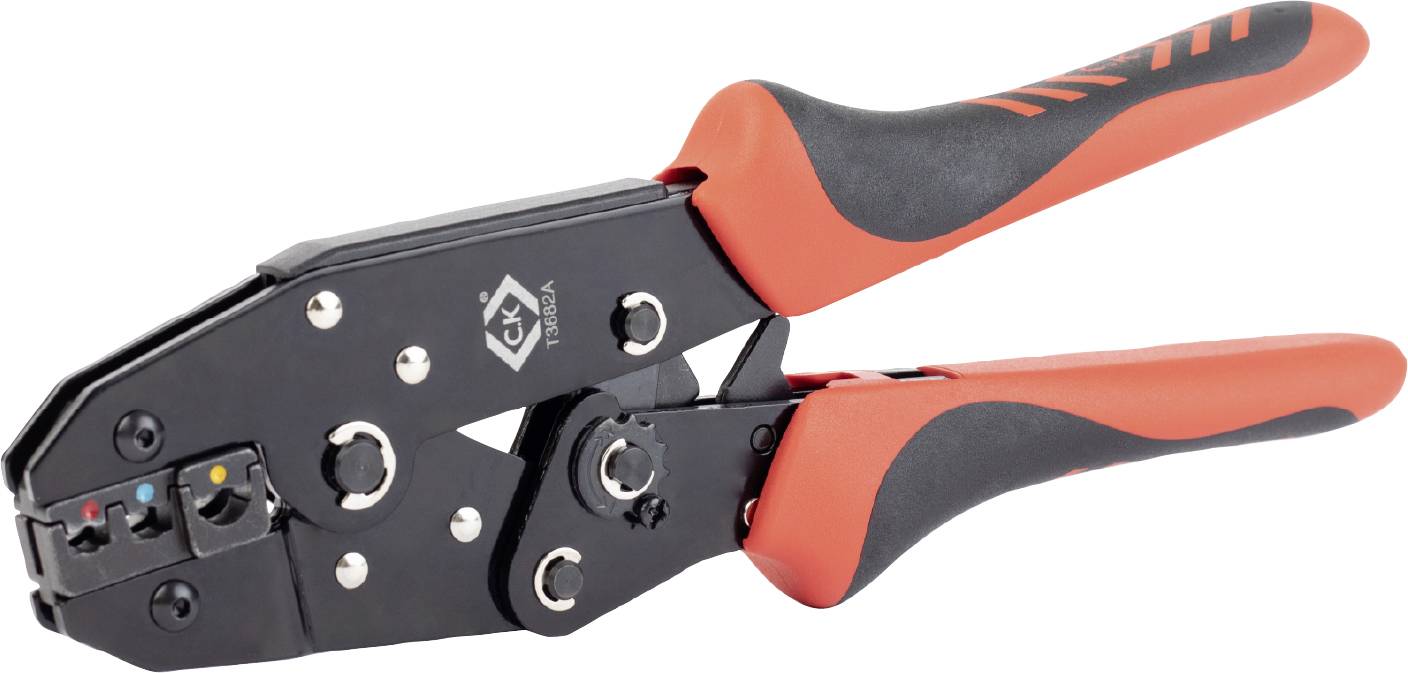 A crimping pliers with a black and red handle, used for connecting cables and connectors in electrical installation.