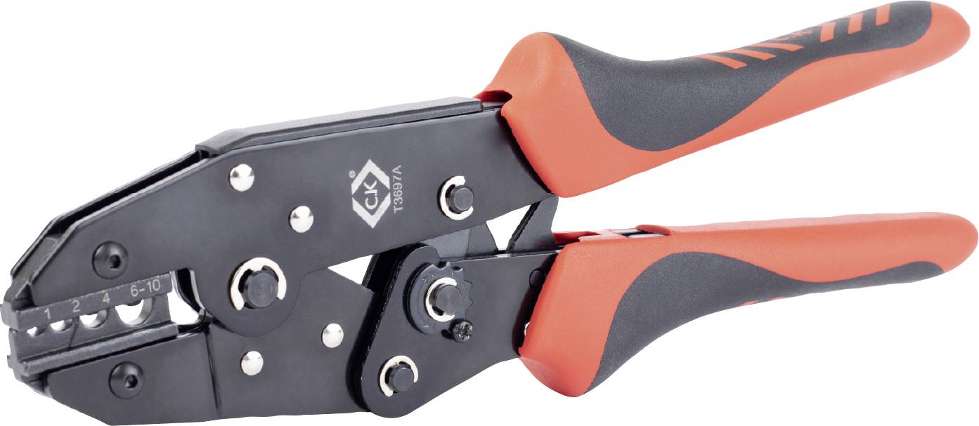 Hand crimping pliers with red and black handles, suitable for crimping cables, shown in side view against a white background.