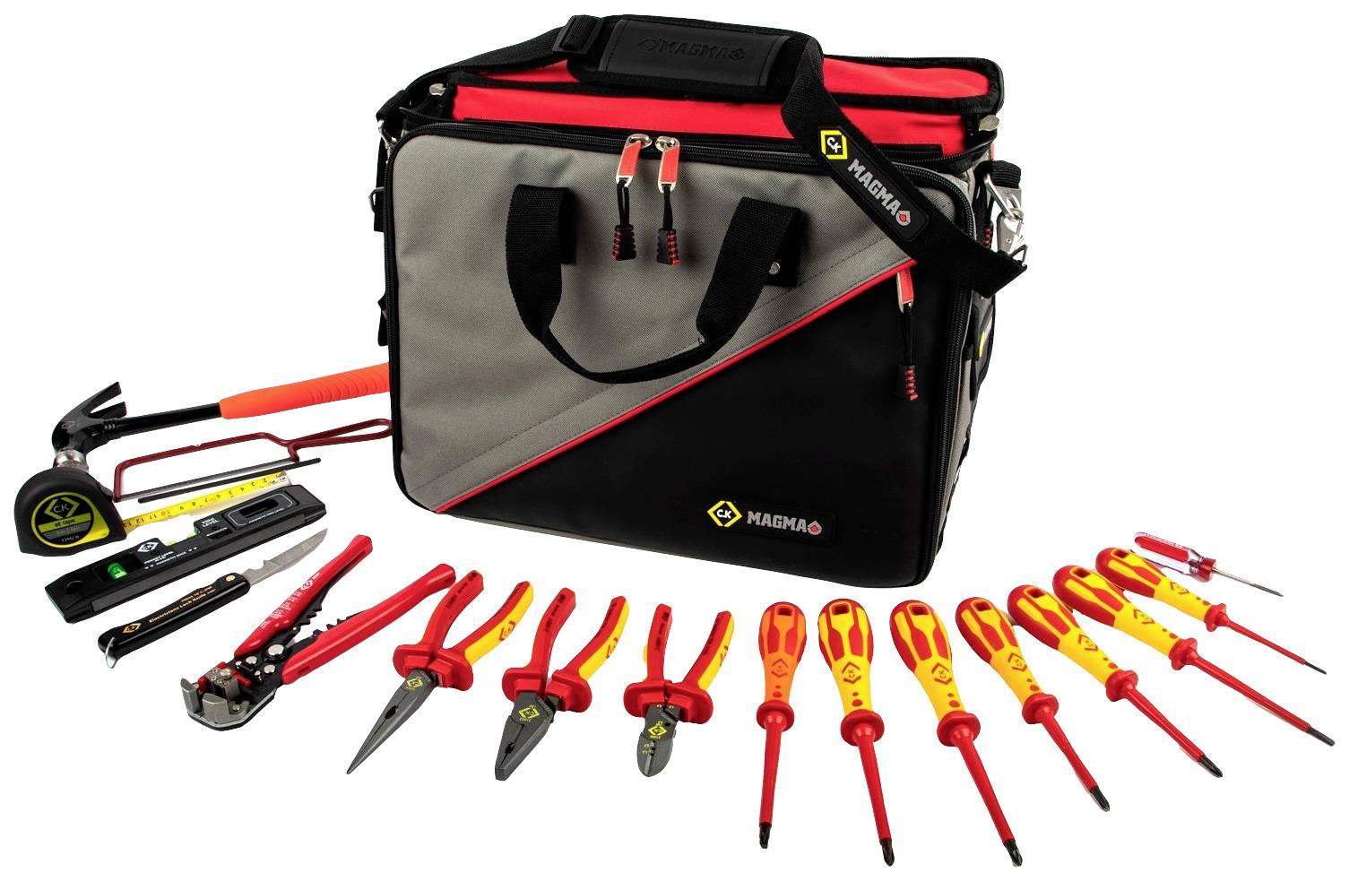 A black and grey Knipex tool case with red and yellow handles, surrounded by various hand tools such as screwdrivers, pliers and a hammer.