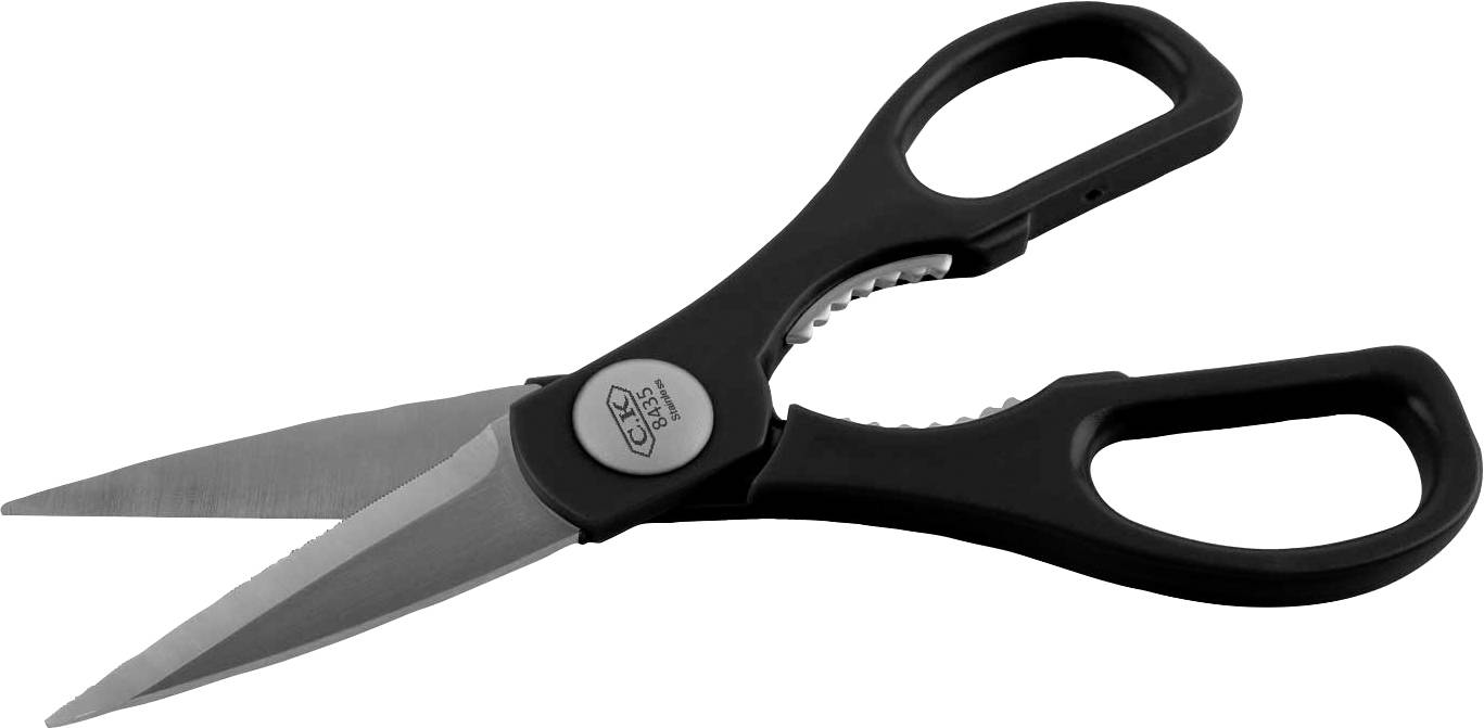 Black kitchen scissors with stainless steel blades, suitable for cutting food and packaging.