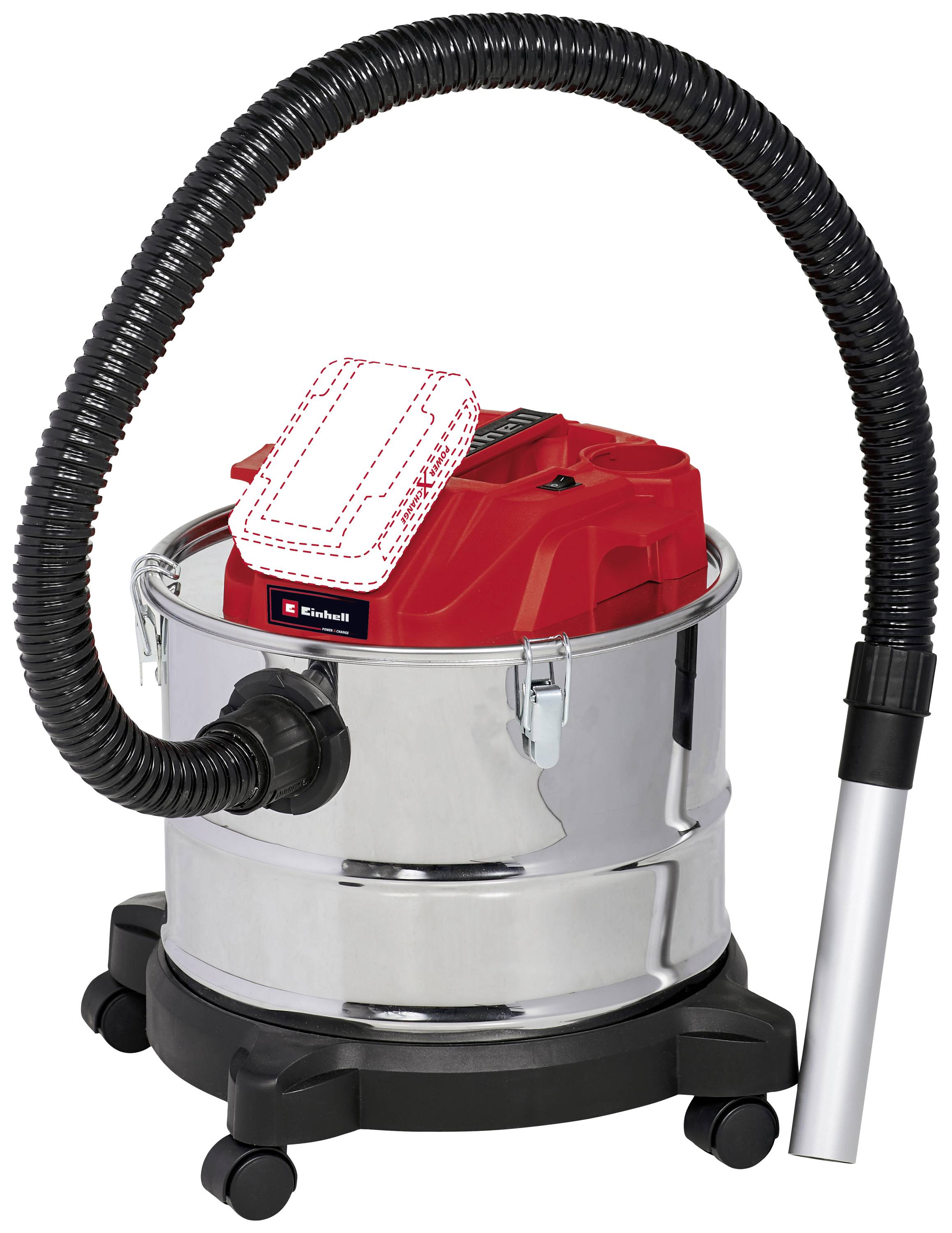 A silver and red battery-powered vacuum cleaner, with a small black hose and wheels. Suitable for workshop cleaning.