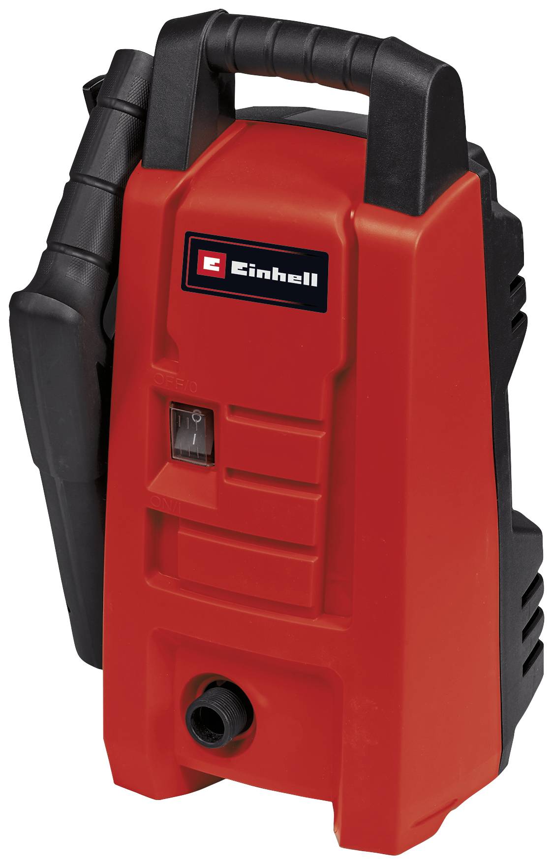 A red high-pressure cleaner with a black handle and an Einhell logo, suitable for cleaning surfaces.