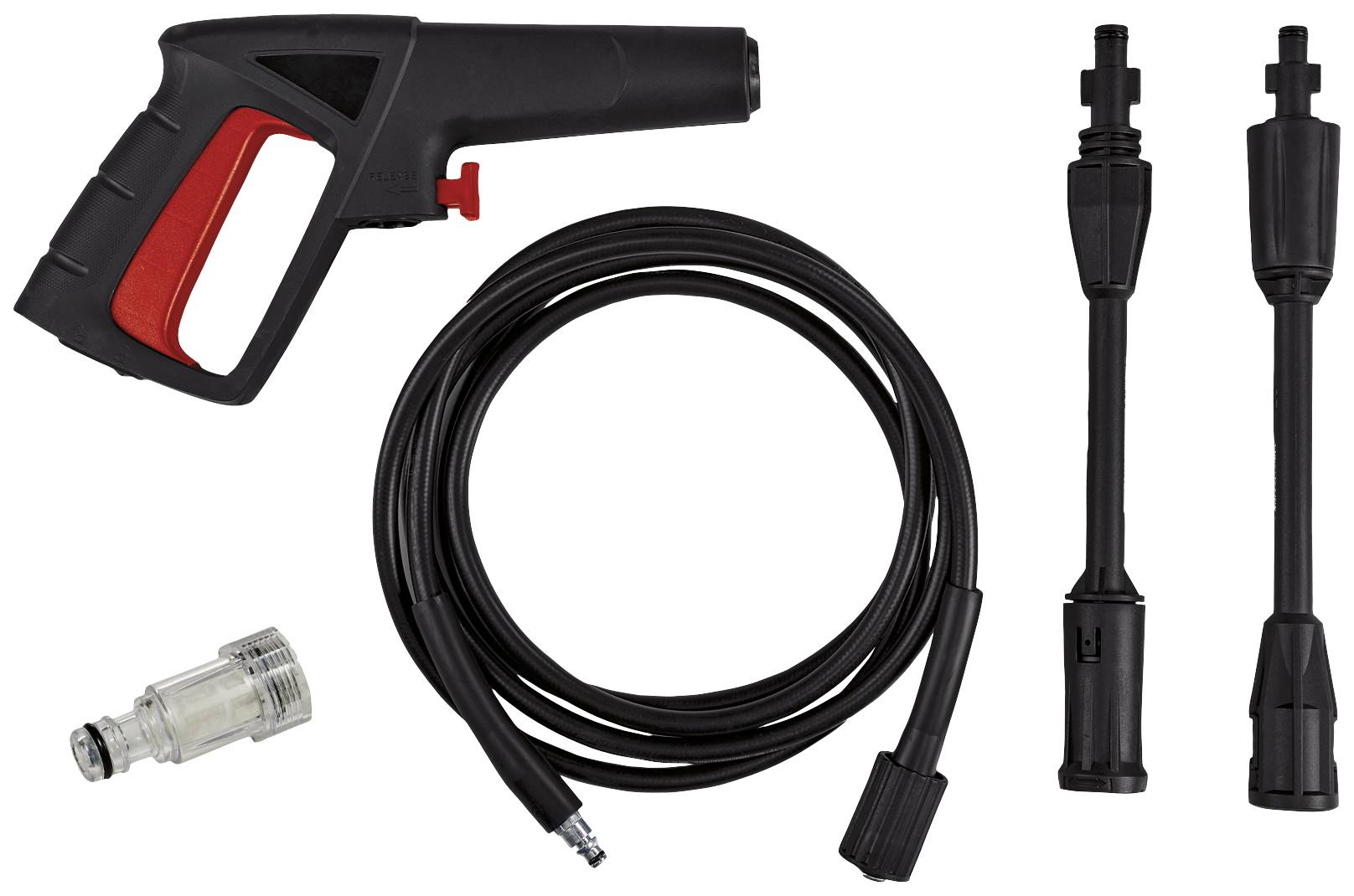The diagram shows a set of accessories for a pressure washer, comprising a spray gun, a hose, and several nozzle adapters.