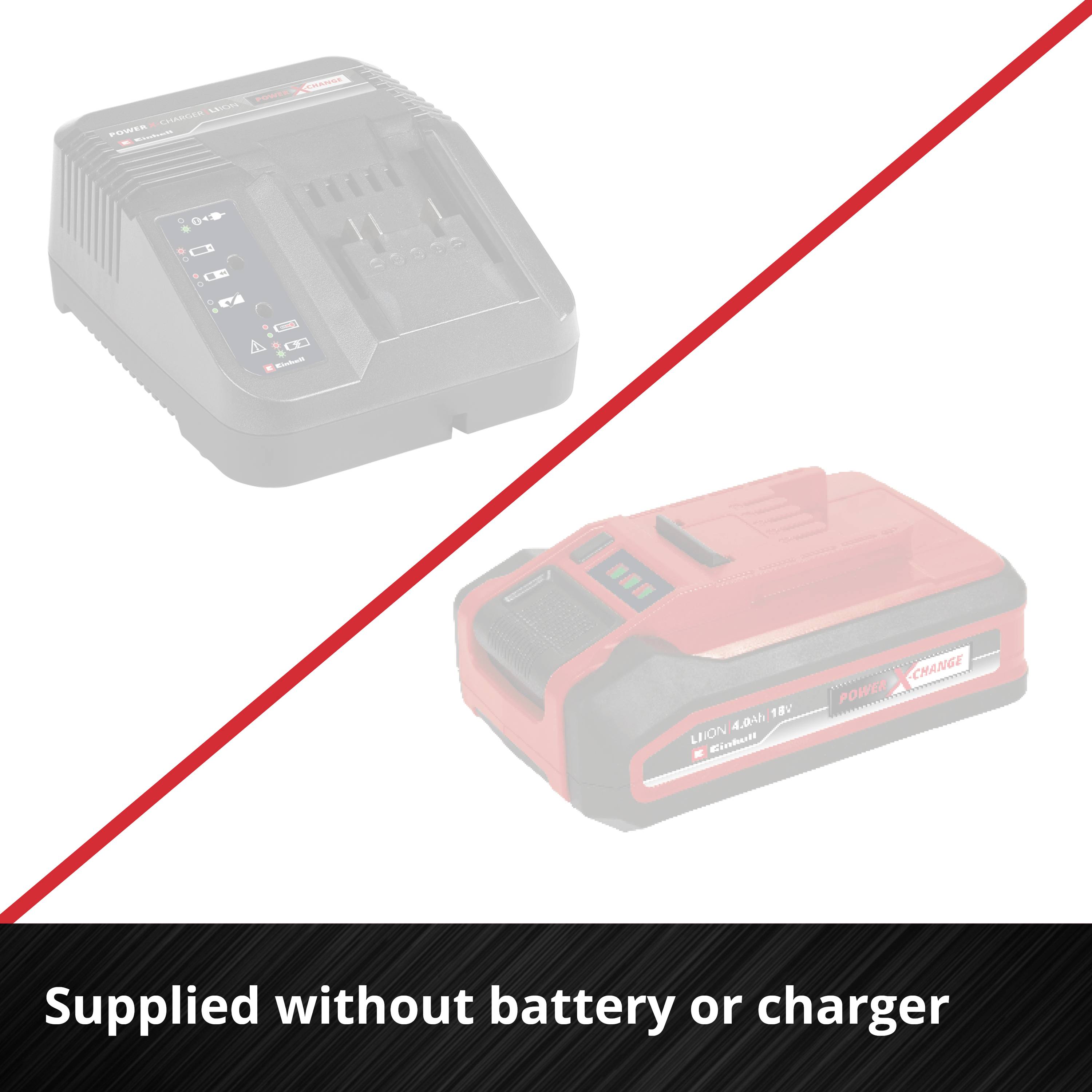 Image of a battery charger and a battery diagonally separated. Text below: 'Battery and charger sold separately'.