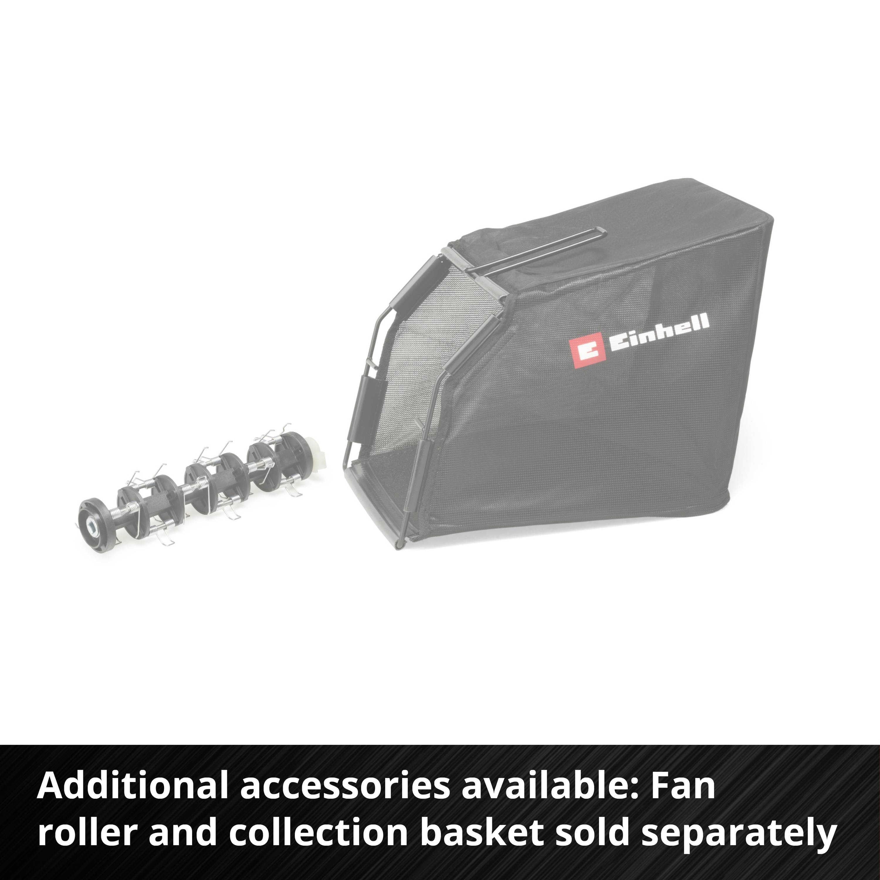 'Optional extendable: Fan roller and collection basket available separately.' Einhell logo on a black collection basket.Note: I've translated the text to British English, maintaining the original meaning and formatting while using natural language.