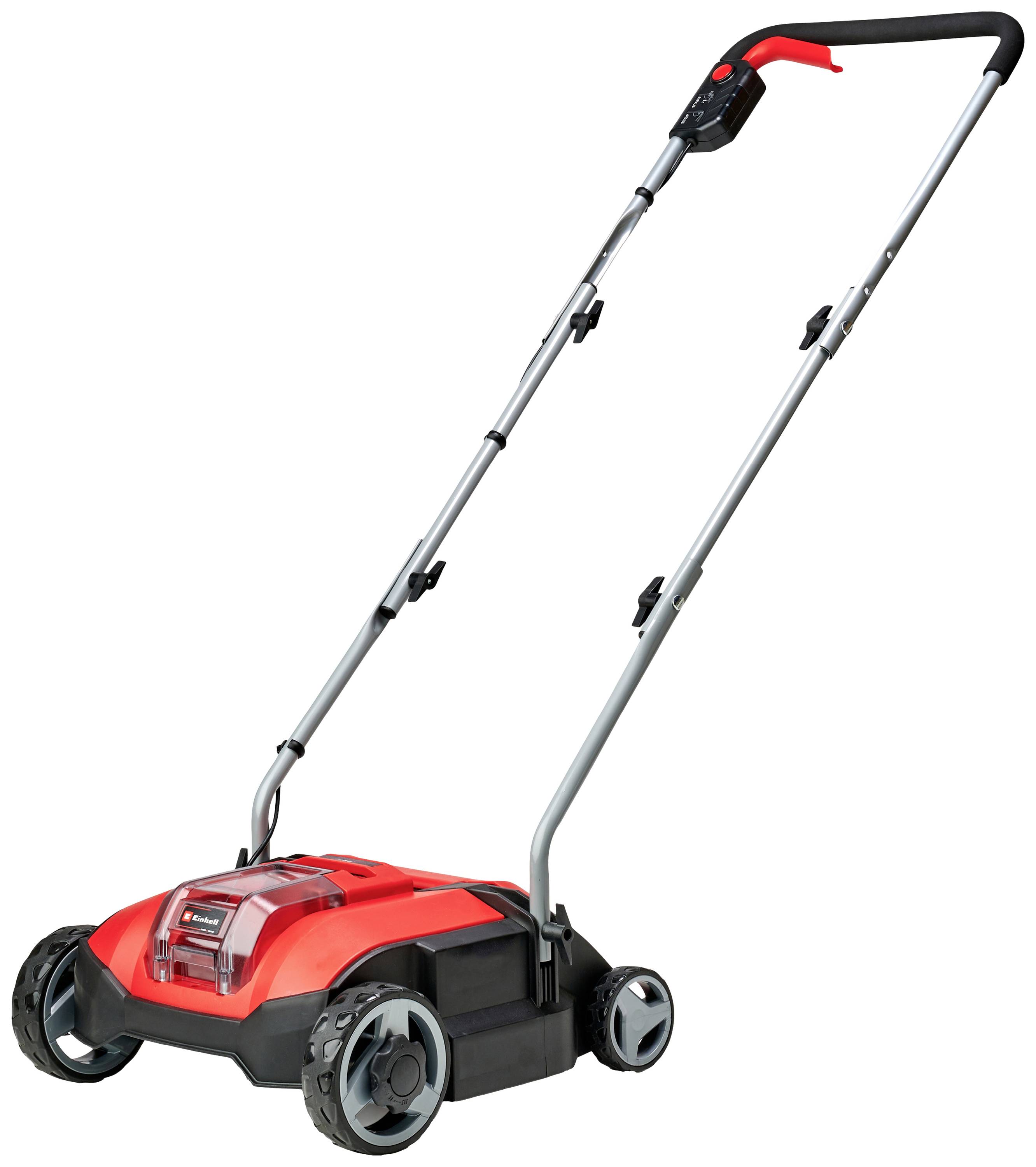 A red, electric lawn aerator with a long handle and black wheels. Ideal for aerating and maintaining the lawn.