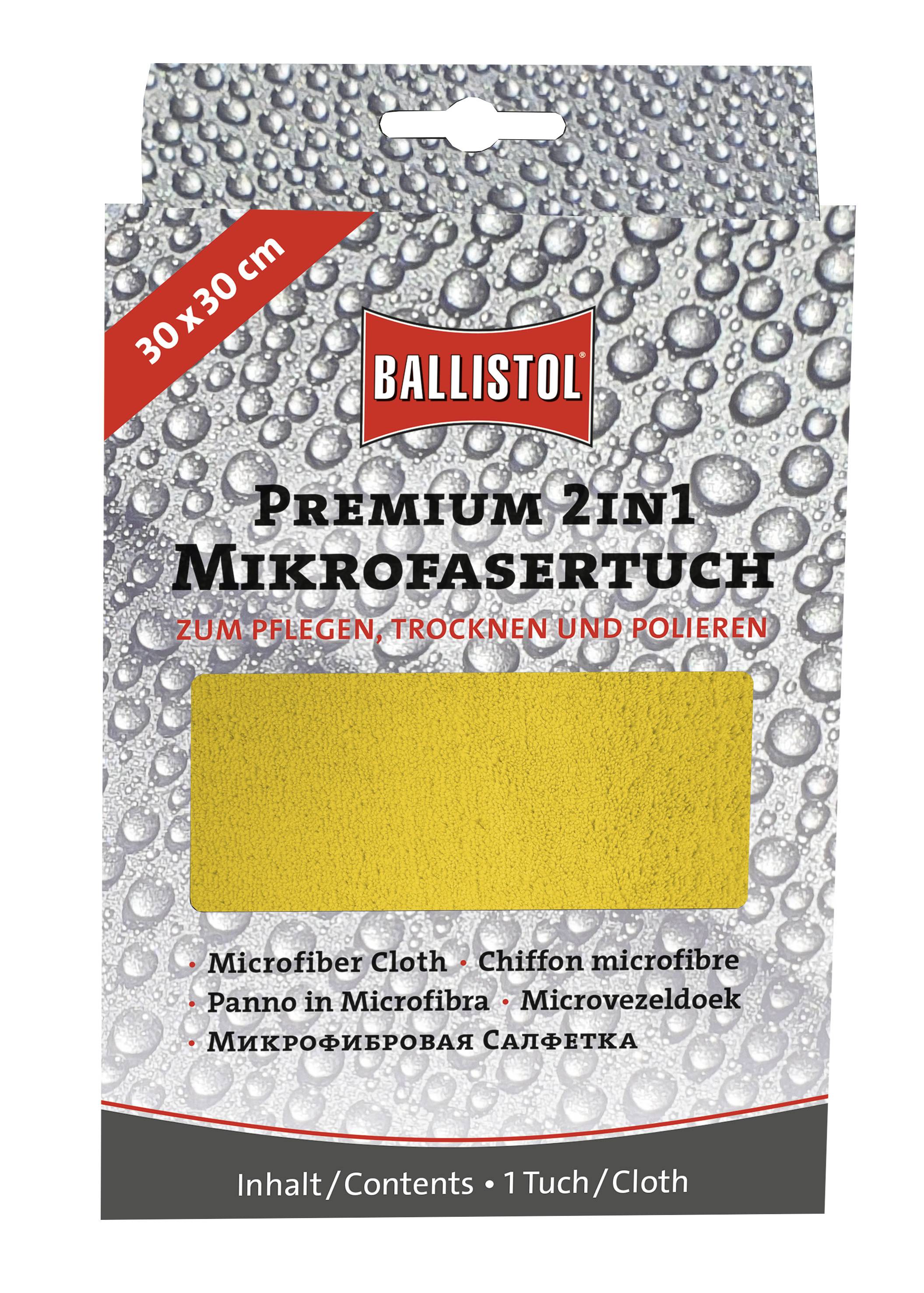 Yellow Microfibre Cloth 30x30 cm, packaged with the label 'Premium 2-in-1 Microfibre Cloth'. Suitable for cleaning, drying and polishing.