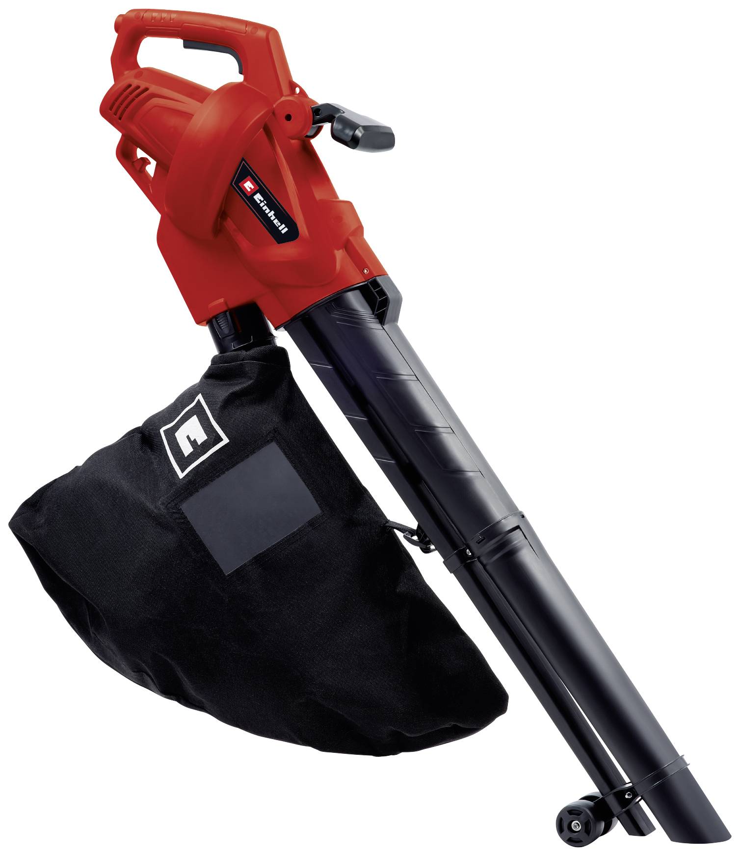 A red leaf blower with a black collection bag, perfect for gathering leaves in the garden.