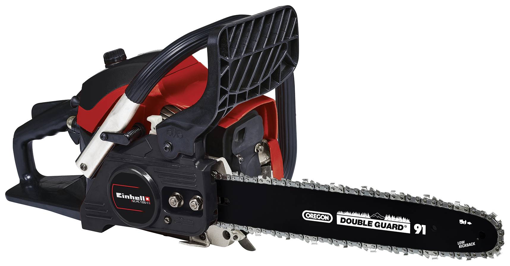A red and black chainsaw with a long chain blade. It is placed on a white surface.