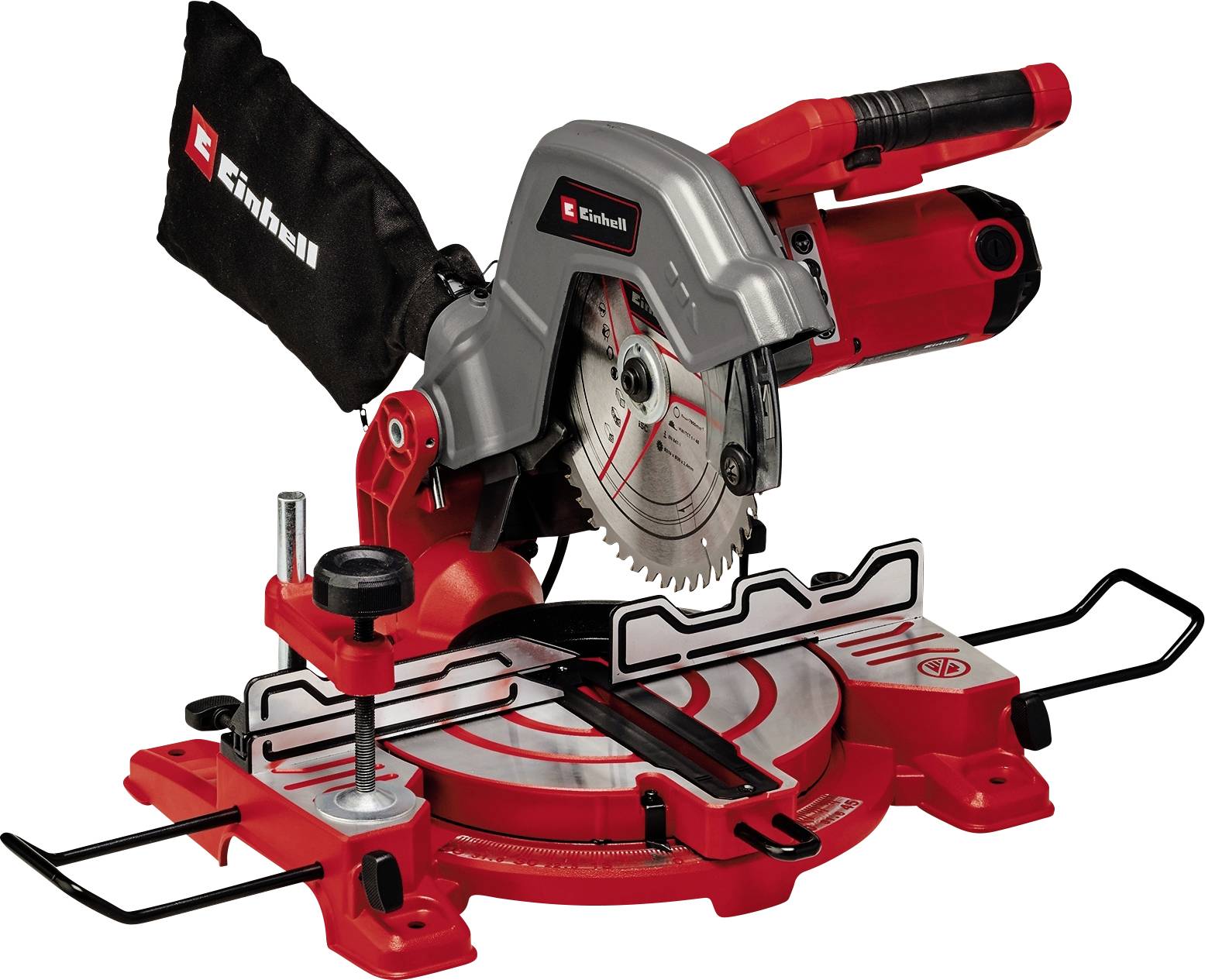 A red and grey circular saw with a saw blade and an adjustable rotating table. It has a dust bag for wood shavings.
