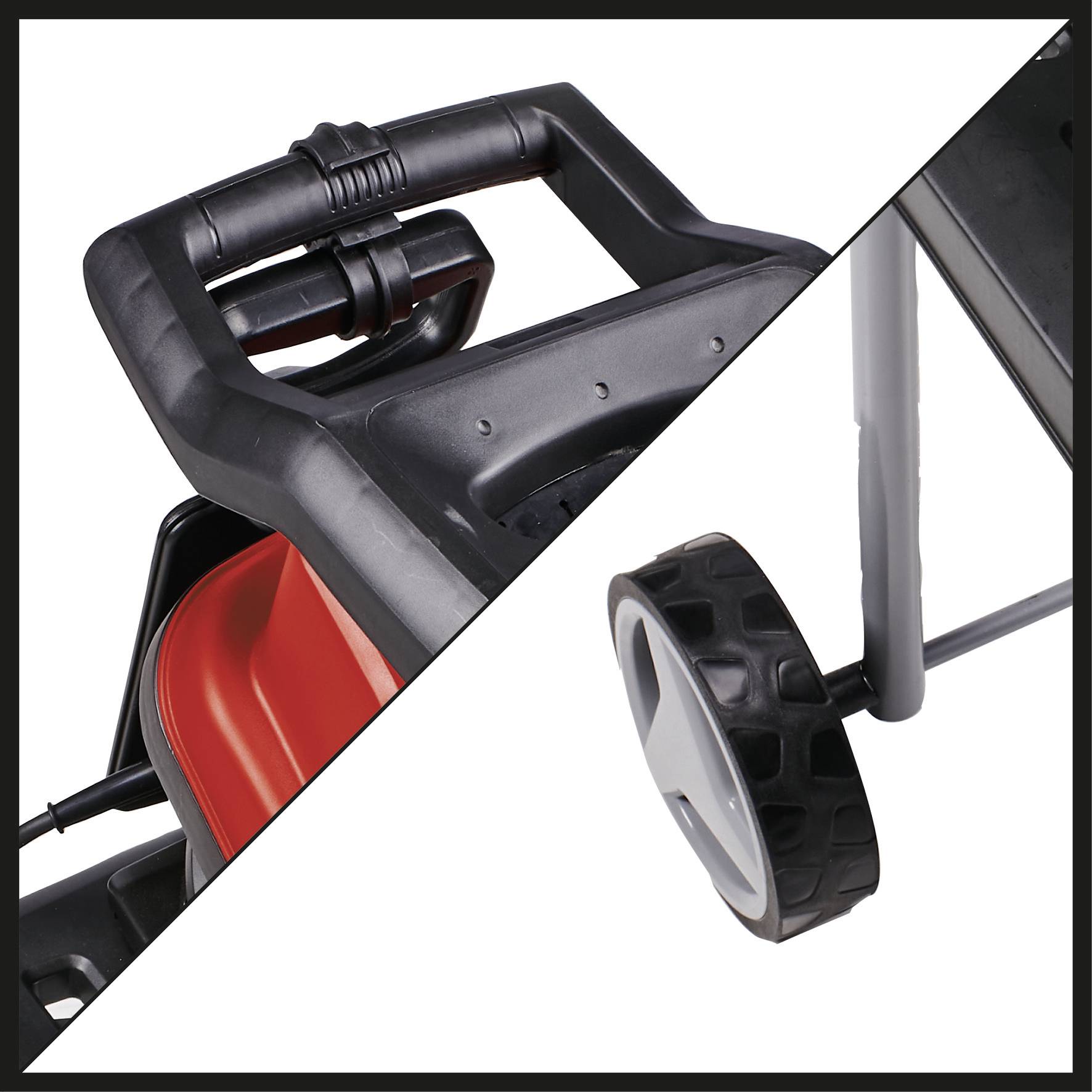 Lawnmower Detailed View: Handle area on the left, rear wheel on the right, robust black material and ergonomic design.