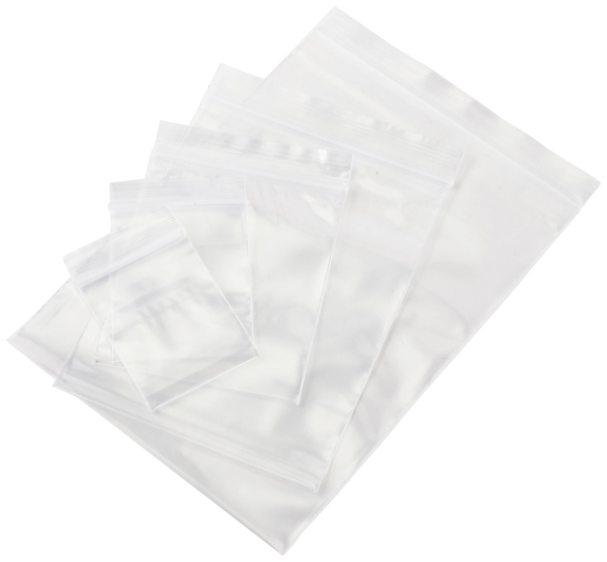Various transparent zip-lock bags in different sizes, stacked on top of each other.