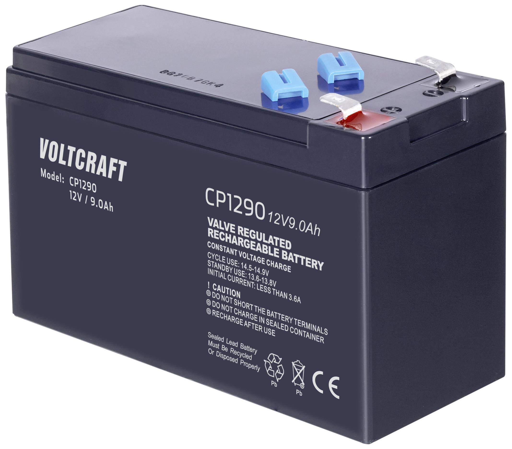 Black Voltcraft CP1290 battery, 12V, 9.0Ah, with blue-red terminal clamps, labelling shows model and safety information.