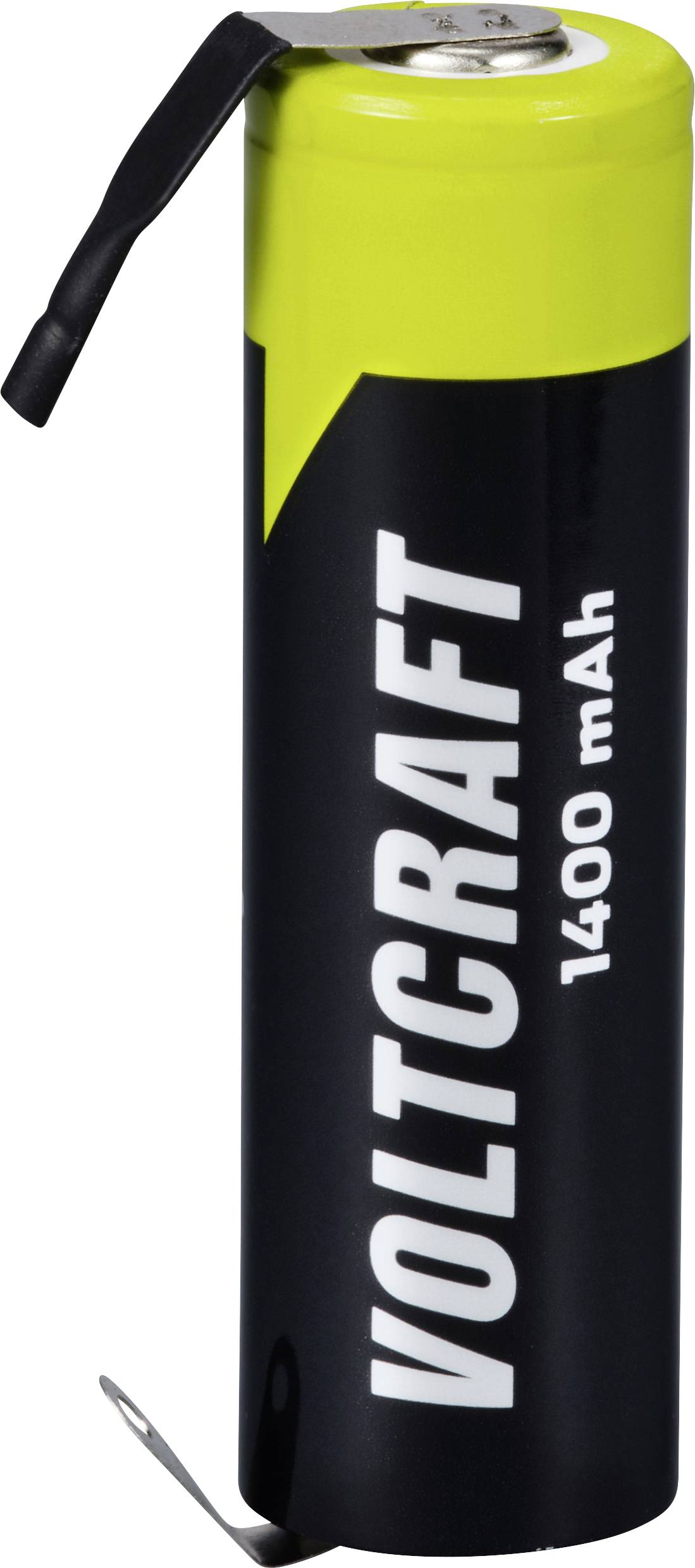 A black and yellow battery with the label 'Voltcraft 1400 mAh', suitable for electronic devices.