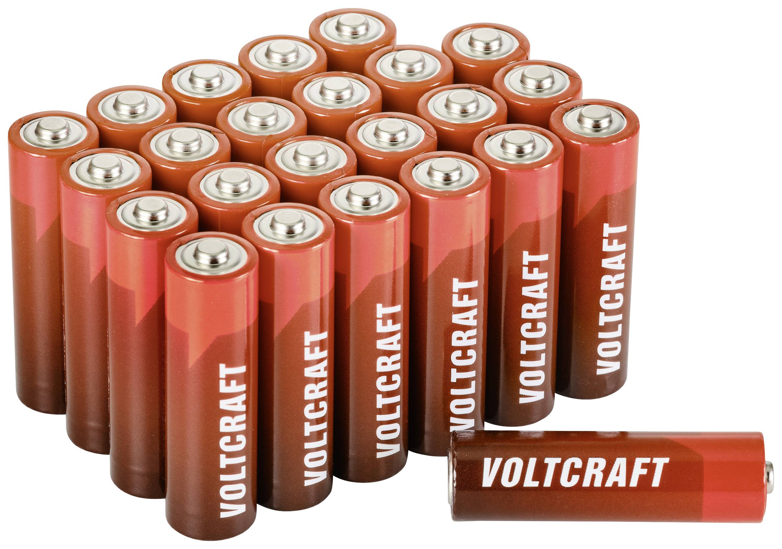 A configuration of 21 red AA batteries from the Voltcraft brand, with one placed horizontally in front. Suitable for electronic devices.