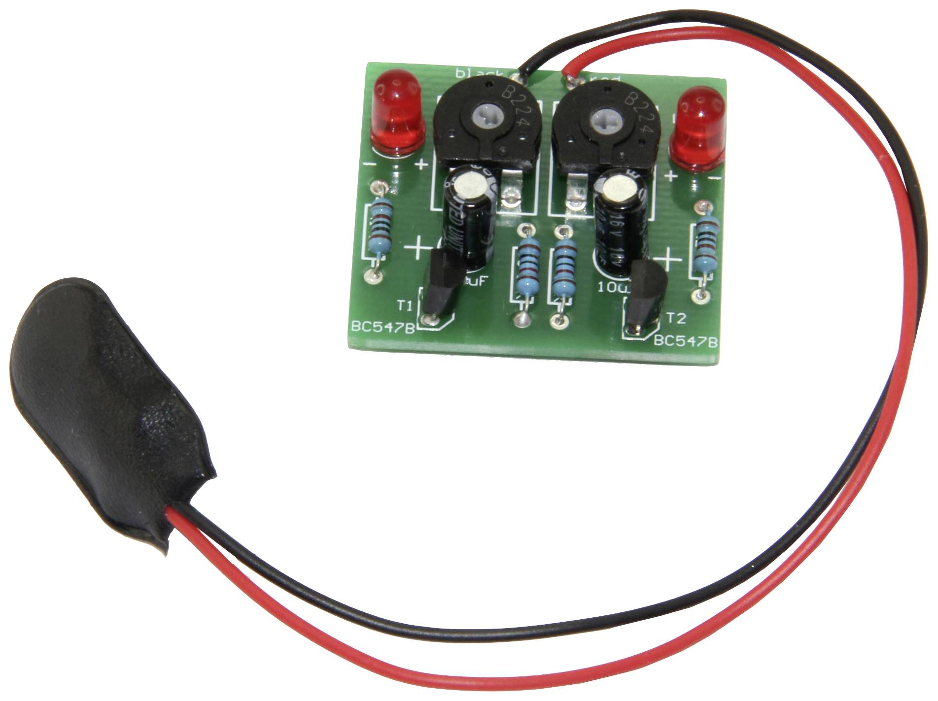 Electronic circuit on a green circuit board with two black buttons, two red LEDs, and a black battery connector.