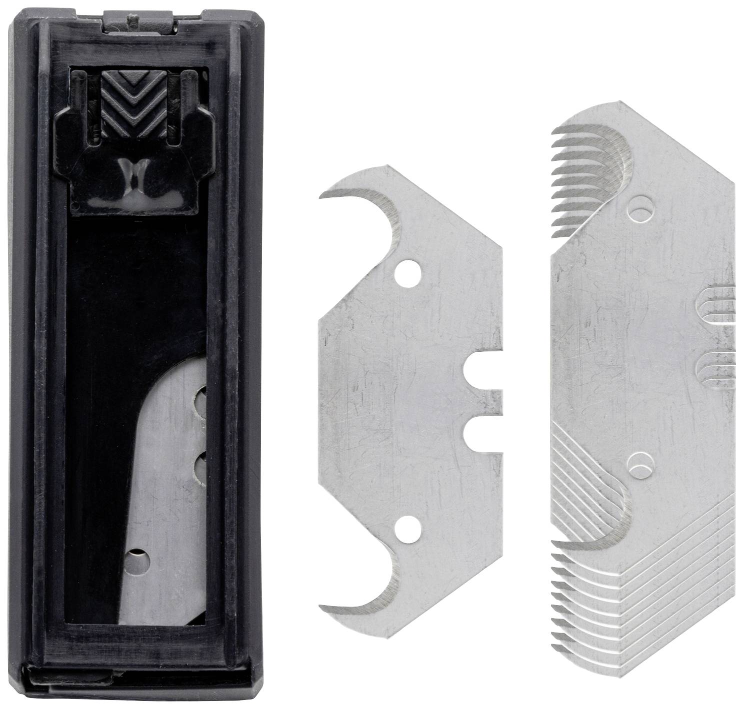 A tool with a black plastic casing on the left and two silver blades on the right, likely spare parts.