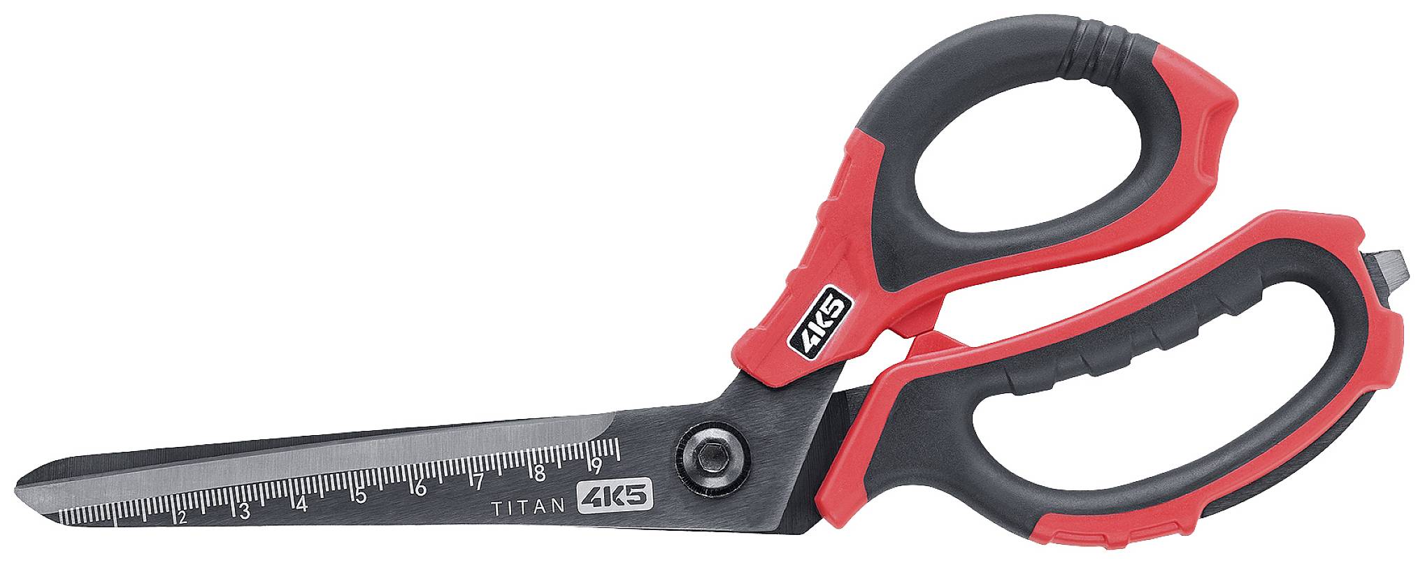 A red and black scissors with an ergonomic handle and measurement scale on the blade, suitable for precise cutting.