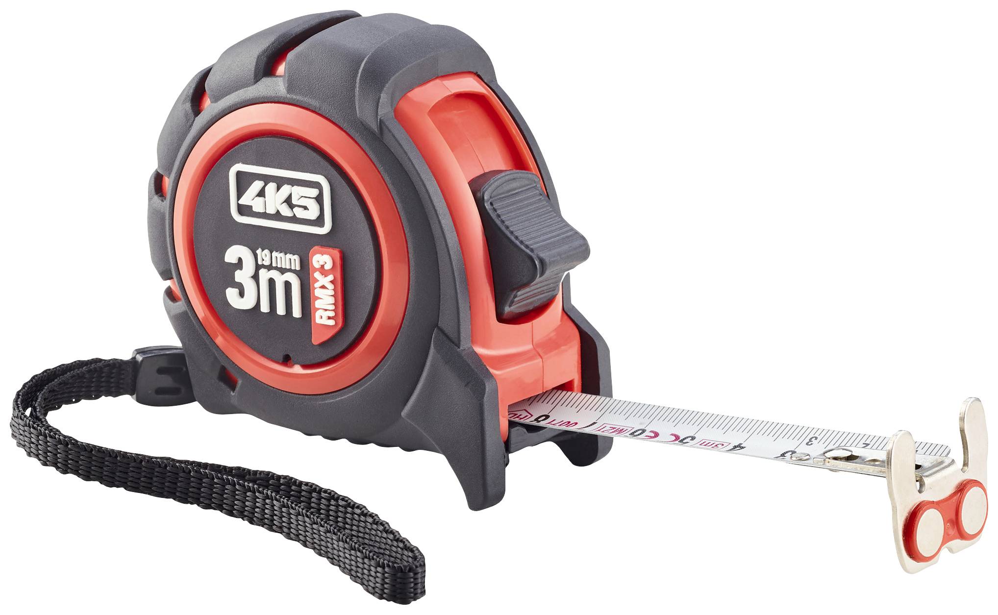 A measuring tape with 3 metres length and a black casing with a red accent. The text on the tape reads '3m 19mm RMX3'.