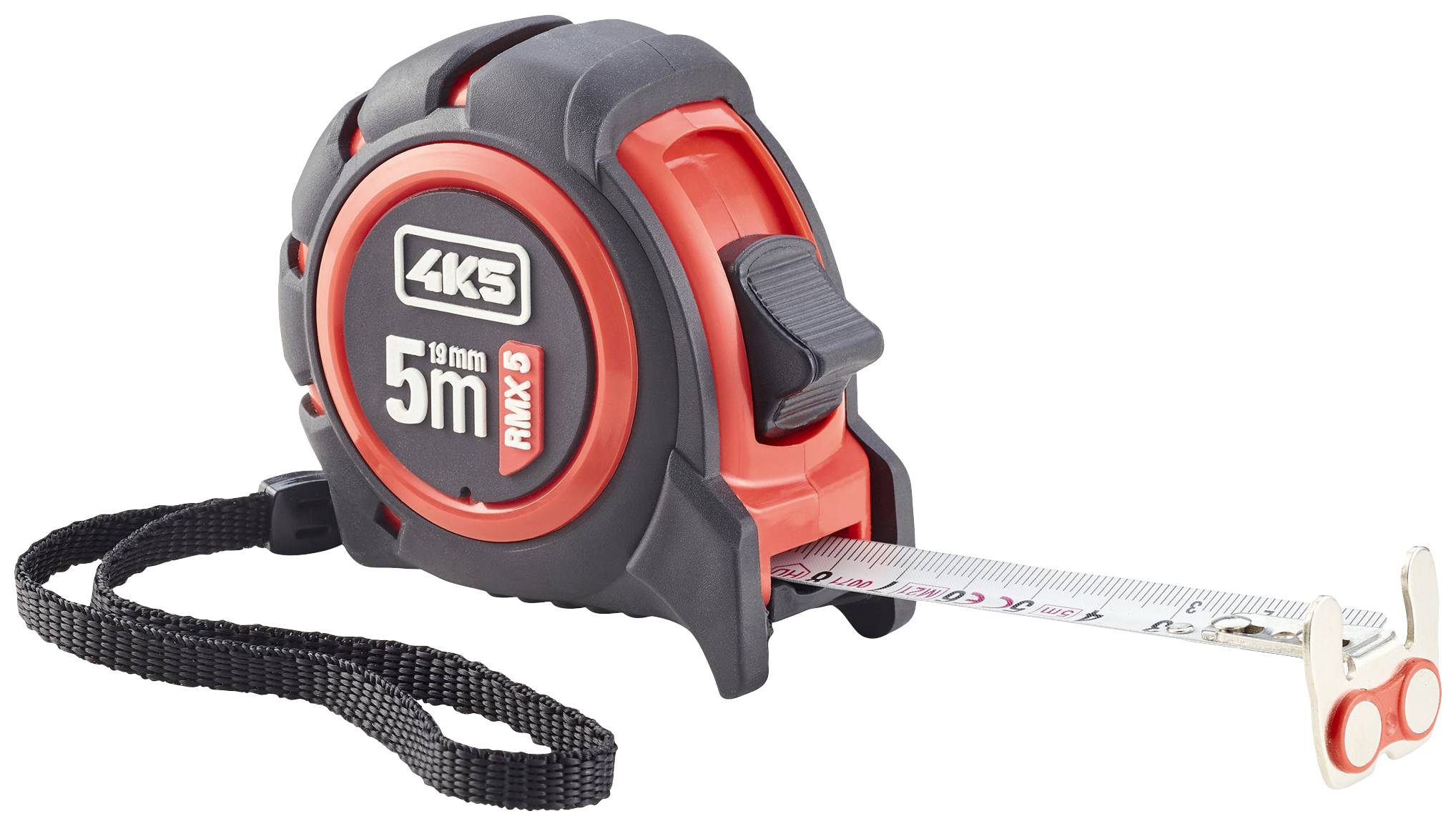 A red and black 5-metre measuring tape with a strap lies partially unfolded on a white surface.