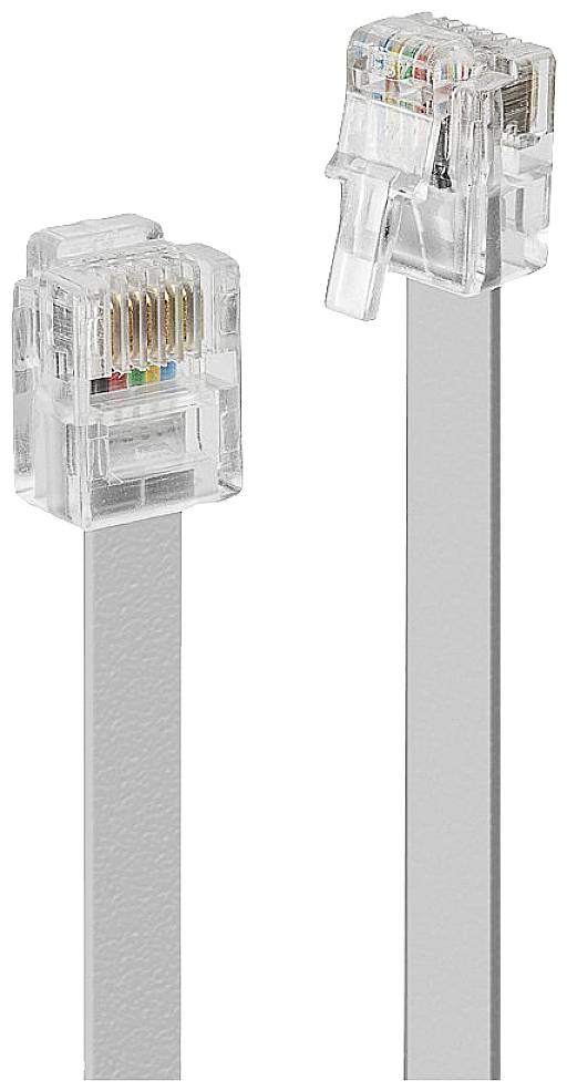Two transparent Ethernet plugs connected with grey flat cables, on a white background.