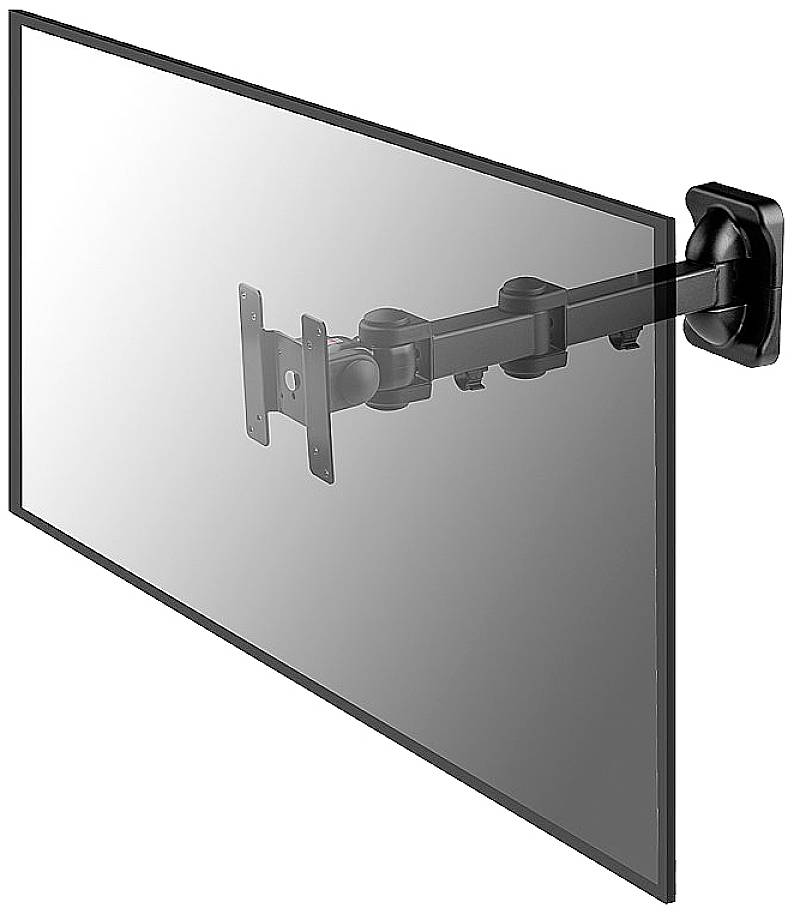 A TV screen is mounted on a flexible wall bracket that allows pivoting movement.